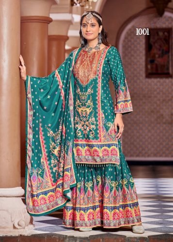 Zubina DN 1001 Pure Crepe Silk Digital Print With Original Mirror Work Radymade Pakistani Suit Sea Green Color