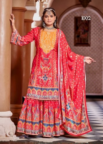 Zubina DN 1002 Pure Crepe Silk Digital Print With Original Mirror Work Radymade Pakistani Suit Red Color
