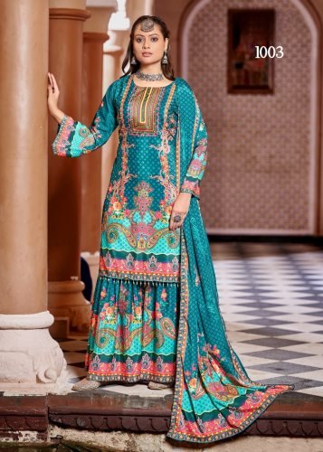Zubina DN 1003 Pure Crepe Silk Digital Print With Original Mirror Work Radymade Pakistani Suit Teal Blue Color