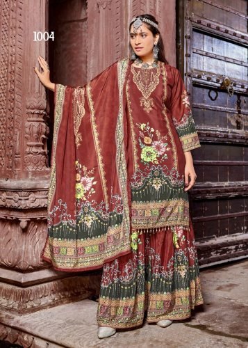 Zubina DN 1004 Pure Crepe Silk Digital Print With Original Mirror Work Radymade Pakistani Suit Brown Color
