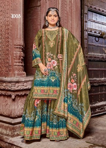 Zubina DN 1005 Pure Crepe Silk Digital Print With Original Mirror Work Radymade Pakistani Suit Green Color