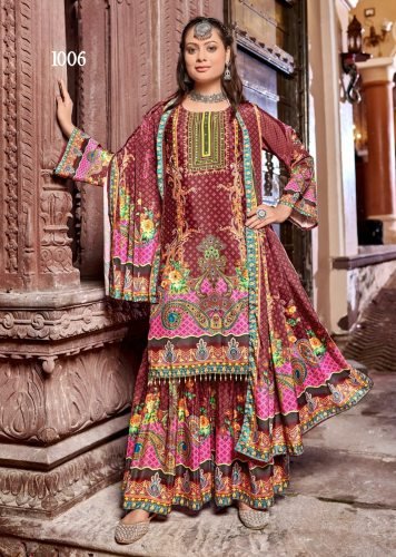 Zubina DN 1006 Pure Crepe Silk Digital Print With Original Mirror Work Radymade Pakistani Suit Maroon Color