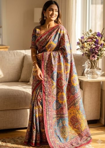 stylish Designer Saree Soft Chinnon With Beautiful Print Real Mirror And Diamond Work Multi Color LFH NC DN 5639